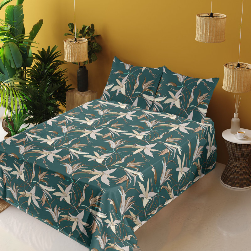 Ambesonne Watercolor Botany Sheet Set 4 Pcs Retro Boho Bloom, Queen Sheet Set with 2 Pillowcases