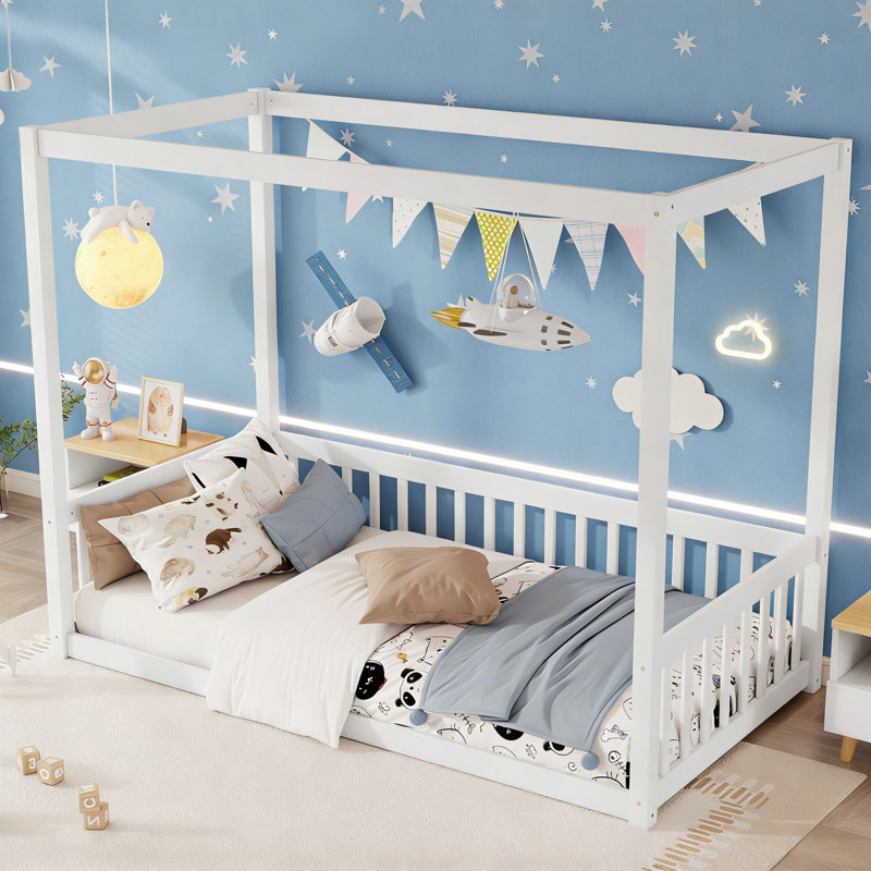 Bloomhouse Canopy Frame Floor Bed with Guardrails, Twin, White