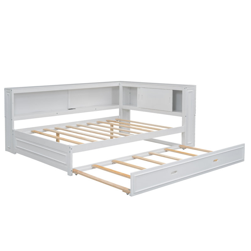 Full Size Wood Daybed with Trundle, Storage Shelves, LED Lights & USB Charging Ports, White, White