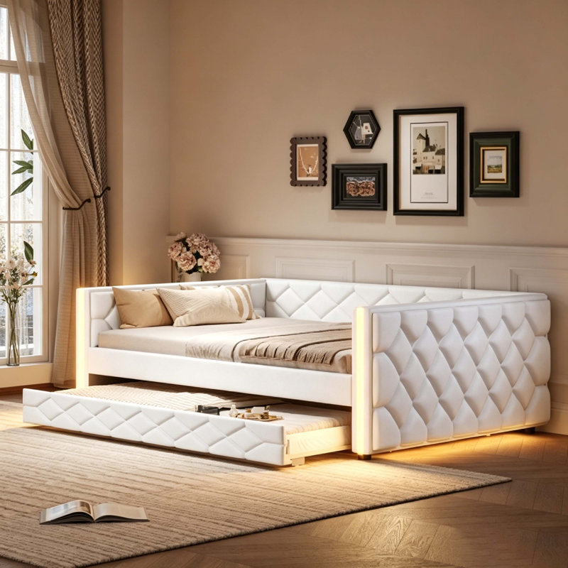 Full XL Size Upholstered Daybed with Trundle & LED Lights, White Faux Leather Tufted Sofa Bed Frame, No Box Spring Needed