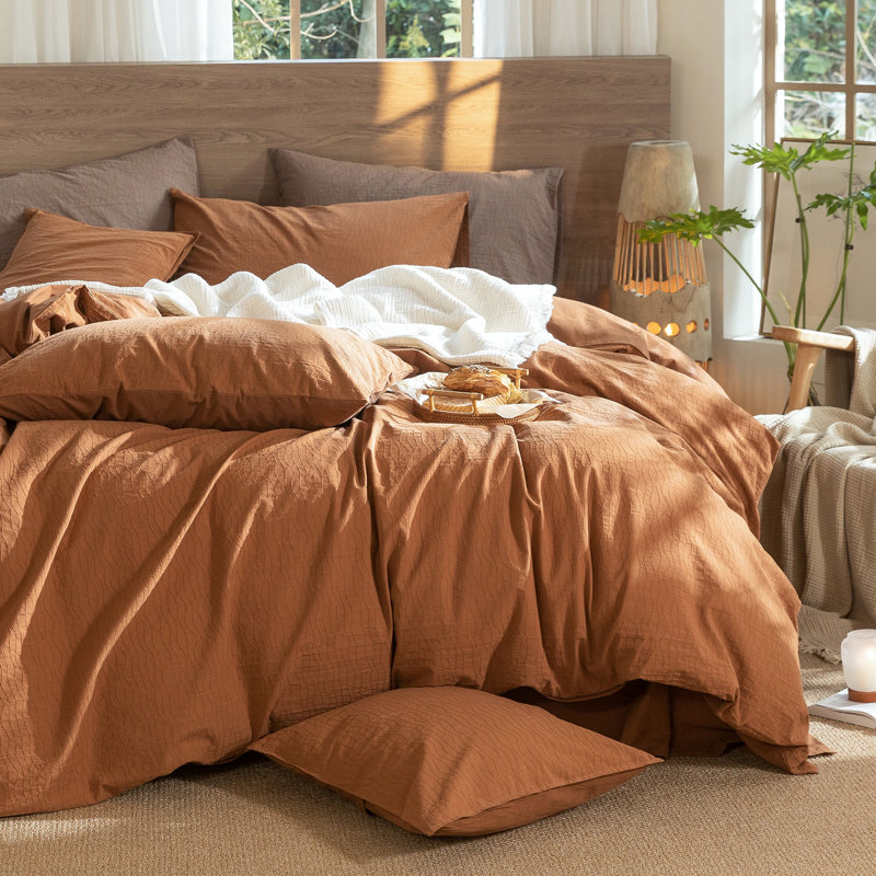 MooMee Wavy Striped Duvet Cover Set with Zipper Closure & 8 Corner Ties 100% Washed Cotton Linen Like Textured Breathable Lightweight