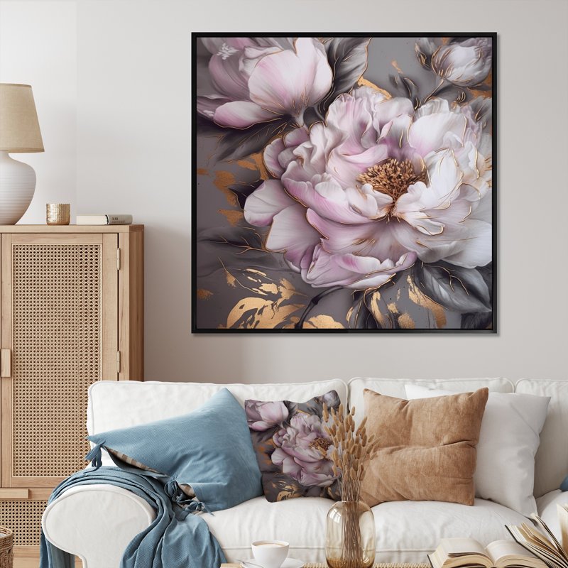 " Pink Grey Peonies Elegance III ", Black Picture Framed, 16" H x 16" W x 1" D