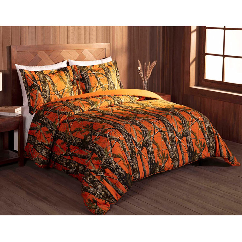 Nature Forest Woods Camouflage Comforter Set Cabin Lodge Bedding Set, Queen Comforter  + 2 Standard Shams, Orange