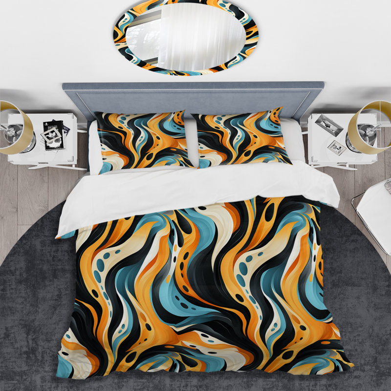 Retro Futurism In Orange and Blue Waves - Ensemble de housse de couette abstrait - Microfibre de polyester