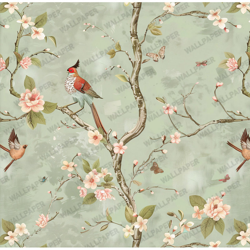 Papier peint botanique avec papillons et oiseaux vert sauge