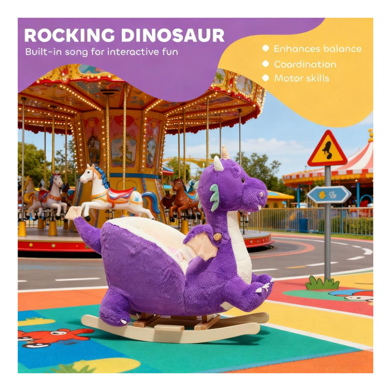 Cheval à bascule mauve avec effets sonores pour tout-petits, siège d'équilibre en bois avec structure en acier
