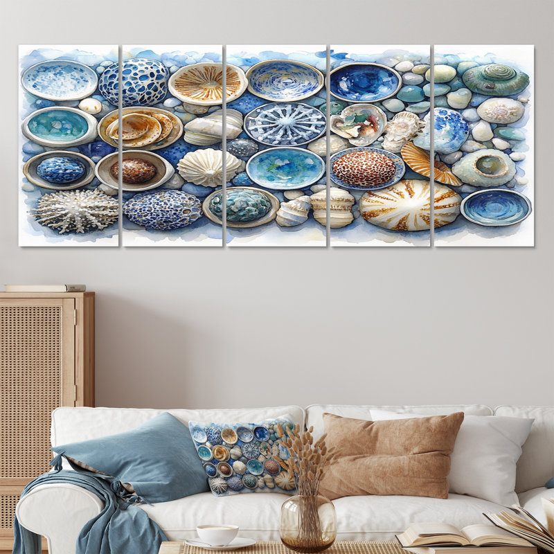 Plage, poterie en tons de bleu et blanc, art mural sur toile, H 28 po x l 60 po