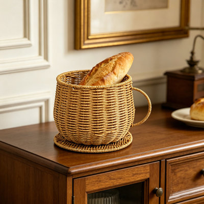 Imitation Rattan Coffee Cup Shaped Storage Basket with Handle and Base Decorative Woven Basket for Coffee Bar Countertop Organizer for Small Items