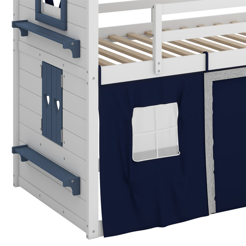 Lit superposé en bois avec élégantes fenêtres, rebords et tente, Bleu / blanc