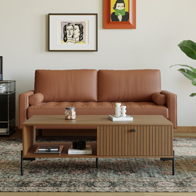 47.2" Wide Modern Anjani Coffee Table With Slatted Door & Open Shelf Storage