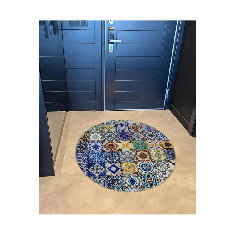 Patchwork Tile Patterned Woven Base Modern Decorative Carpet, Round 2'8"