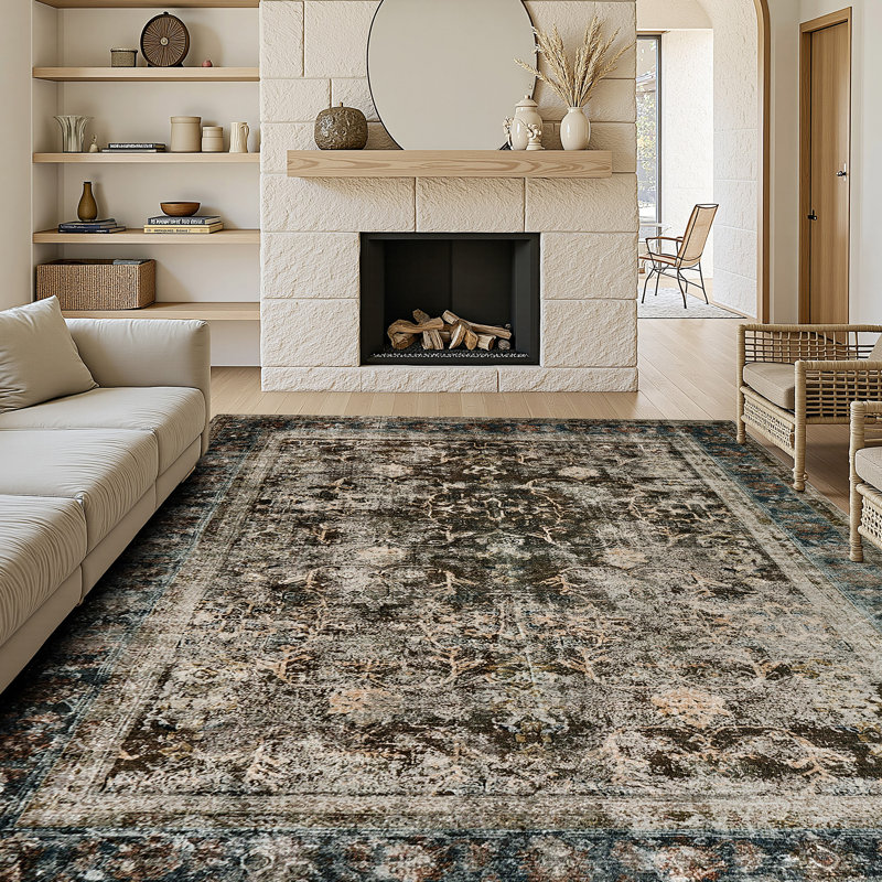 Tapis rétro lavable à la machine - Tapis doux avec envers antidérapant pour le salon, la chambre à coucher, le bureau, brun