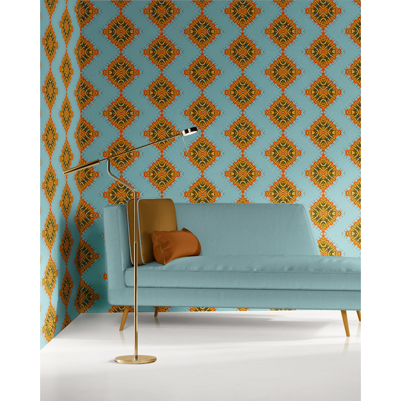 Desert Diamonds (Large) | Intricate Geometric Wallpaper Double Roll, Orange/Blue/Teal