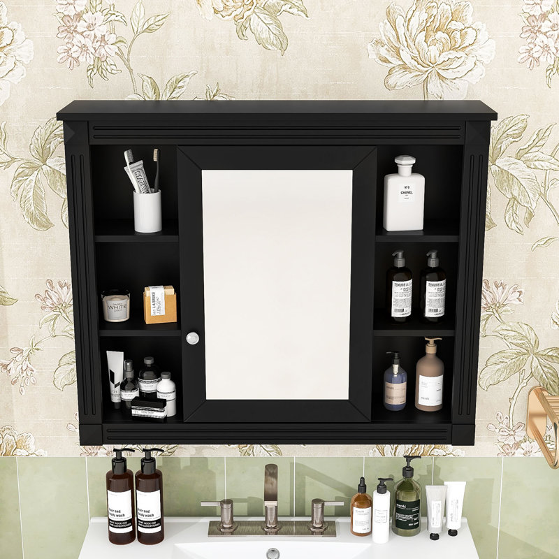 Armoire murale de salle de bain avec miroir et tablettes de rangement, Noir