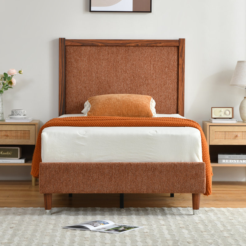 Wooden platform bed with upholstered base, Ocher, Twin
