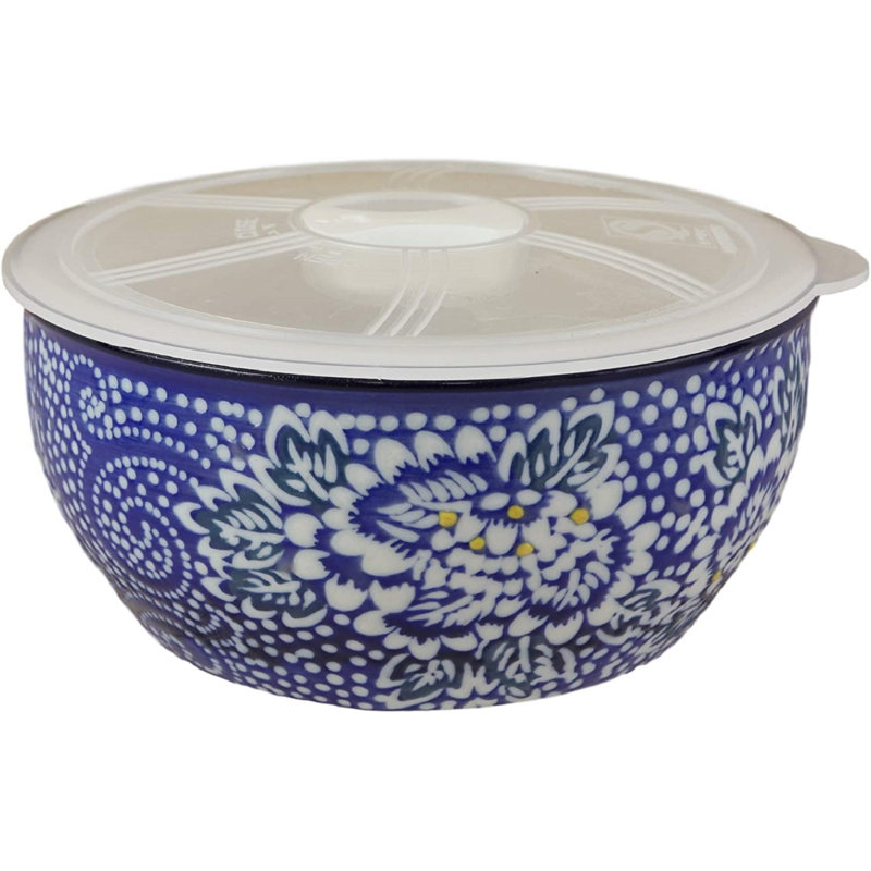 Vaisselle de style Ming Alcott Hill® à motif floral blanc et bleu de 6 po de diamètre, bol ou repas en céramique avec couvercle hermétique et couvercle de rangement étanche