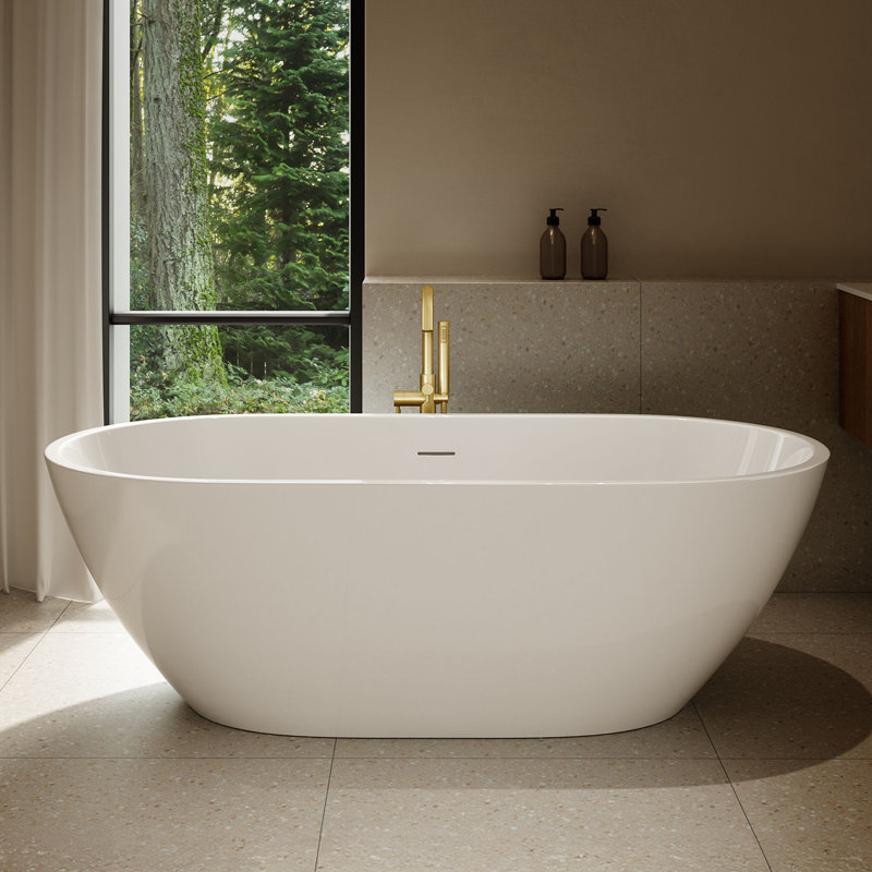 Ayago 65.98" x 29.53" Solid Surface Freestanding White Acrylic Soaking Bathtub, with Overflow and Brushed Gold Pop-up Drain