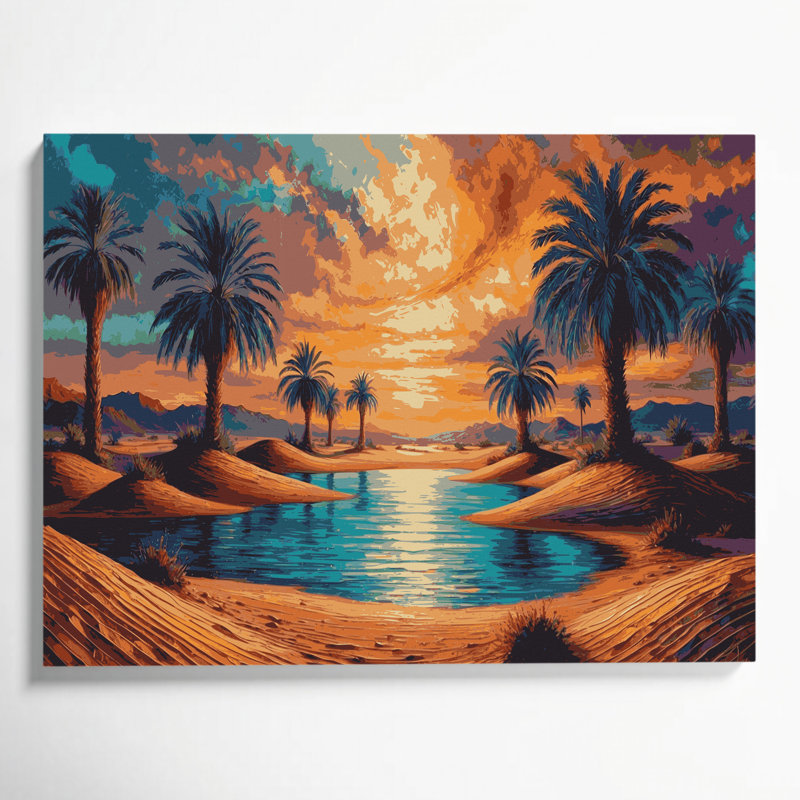 SciFi Desert oasis palm trees Purple Canvas Wall Art, 20" H x 24" W