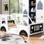 Lit plateforme simple avec roulettes Classic Car Style, blanc et bois de pin-396963871-396963870