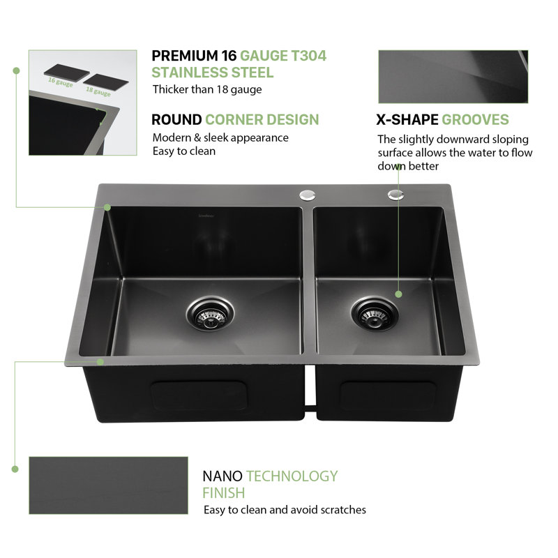 33'' L Drop-In Double Bowl Stainless Steel Kitchen Sink 60/40