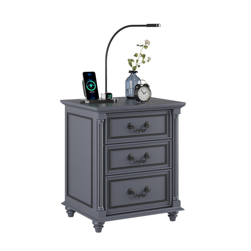 3 Drawer Bedside Table With Reading Light, Gray
