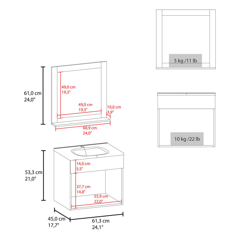 Meuble-lavabo de salle de bain avec unité flottante à 2 portes, lavabo et miroir - Finition, aspect cohésif, rangement facile, convient aux espaces modernes: lavabo, abat-jour, reflet transparent, panneau de particules imperméable,
