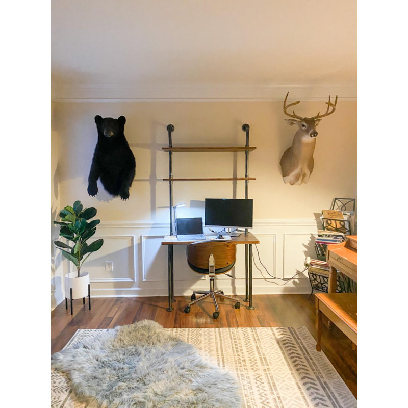 Décoration de bureau de style industriel, bureau d'ordinateur avec tablettes de rangement à 2 niveaux, bureau d'ordinateur pour bibliothèque, poste de travail d'écriture avec huche pour bureau à domicile