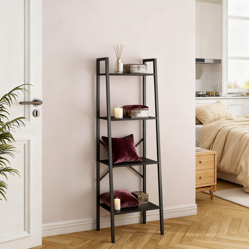 Industrial Ladder Bookshelf With Metal Frame, 4 Tier Tall Narrow Storage Shelf For Living Room, Home Office, Bedroom And Kitchen Display