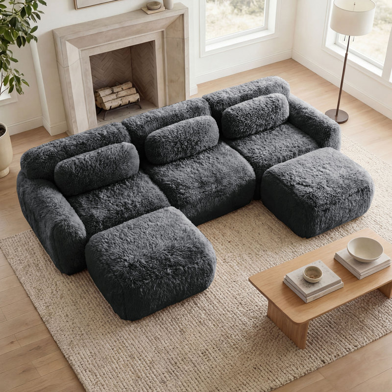 Canapé modulaire à 3 places avec tissu anti-dérapant, 2 repose-pieds mobiles et 3 coussins décoratifs 114,7 po, Gris foncé