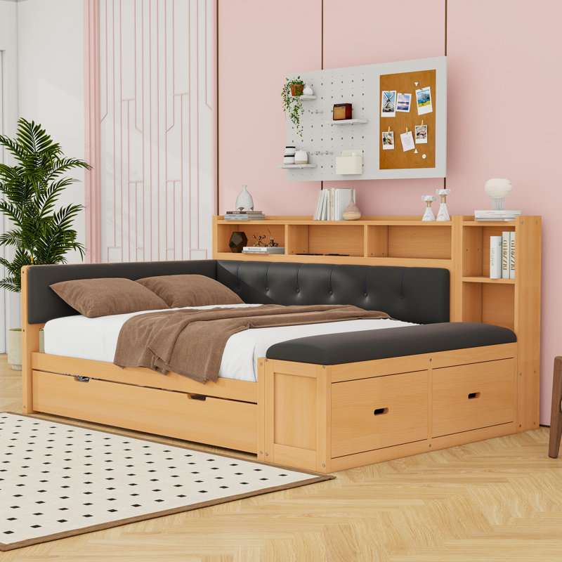 Full Wood Daybed with Trundle, Built-in Storage and USB Charging Ports, Black Natural