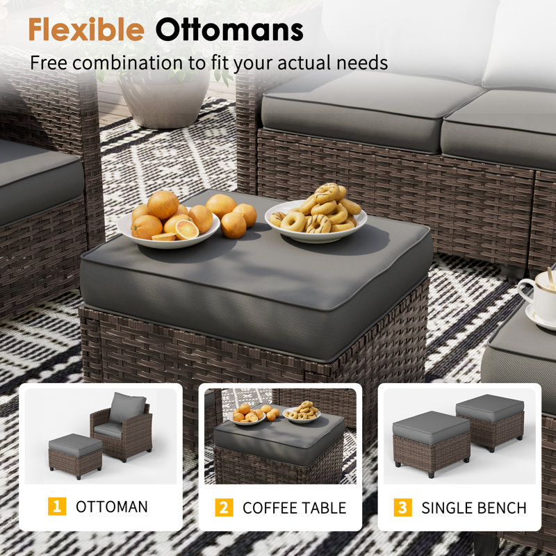 3-Person Patio Sofa With 2 Ottomans, Gray, Brown