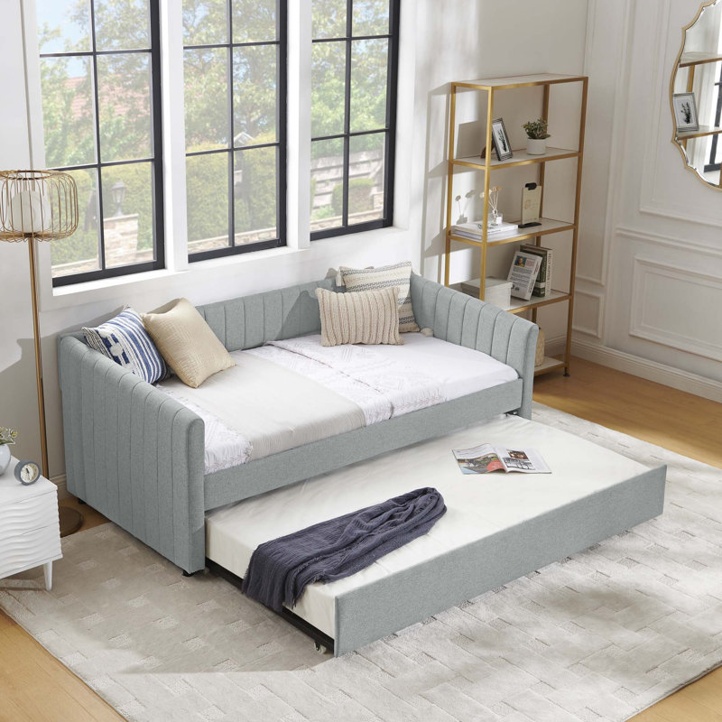 Daybed with Trundle Upholstered Tufted Sofa Bed,Boucle Fabric, Gray