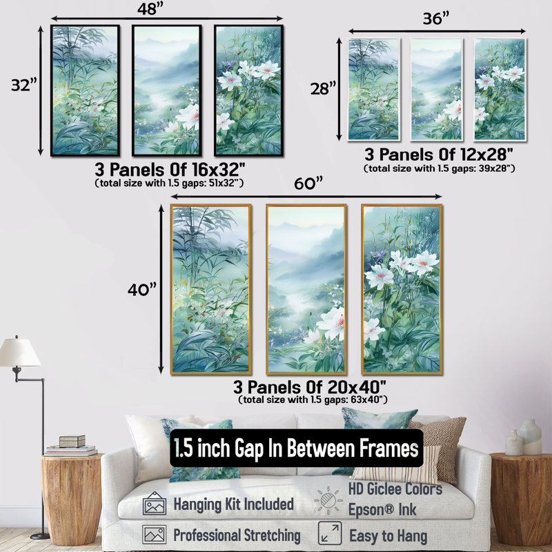 Japon, bambou par la montagne III - ensemble d'art mural fleurs, Cadre flottant noir, H 32 po x l 48 po x P 1 po