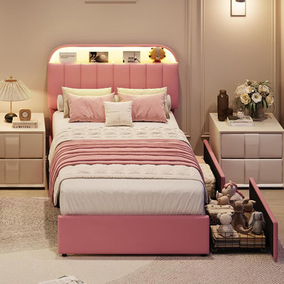 Twin XL Upholstered Bed Frame with Storage Headboard and LED Lights, Kids Platform Bed with 2 Drawers, Velvet Frame with Wood Slats