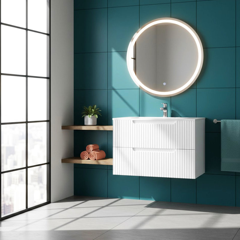 Lavabo de salle de bain flottant blanc 30 po, fixation murale, dispositif de fermeture en douceur, rangement spacieux, aspect moderne