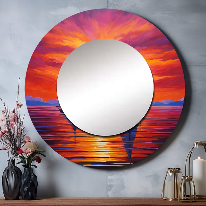 Voilier coucher de soleil voiles - bateau unique voilier miroir, miroir rond moderne, impression d'art en métal