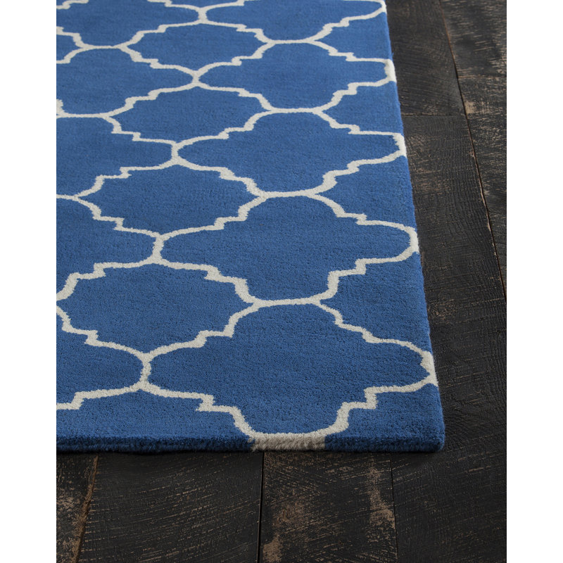 Tapis contemporain en laine touffeté à la main bleu / blanc Davin, Rectangle 5 pi x 7 pi