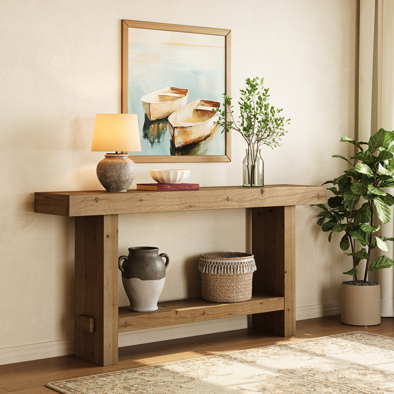 63" Solid Wood Console Table, Farmhouse Entryway Table For Hallway, Entrance, Living Room, Easy Assembly, Brown