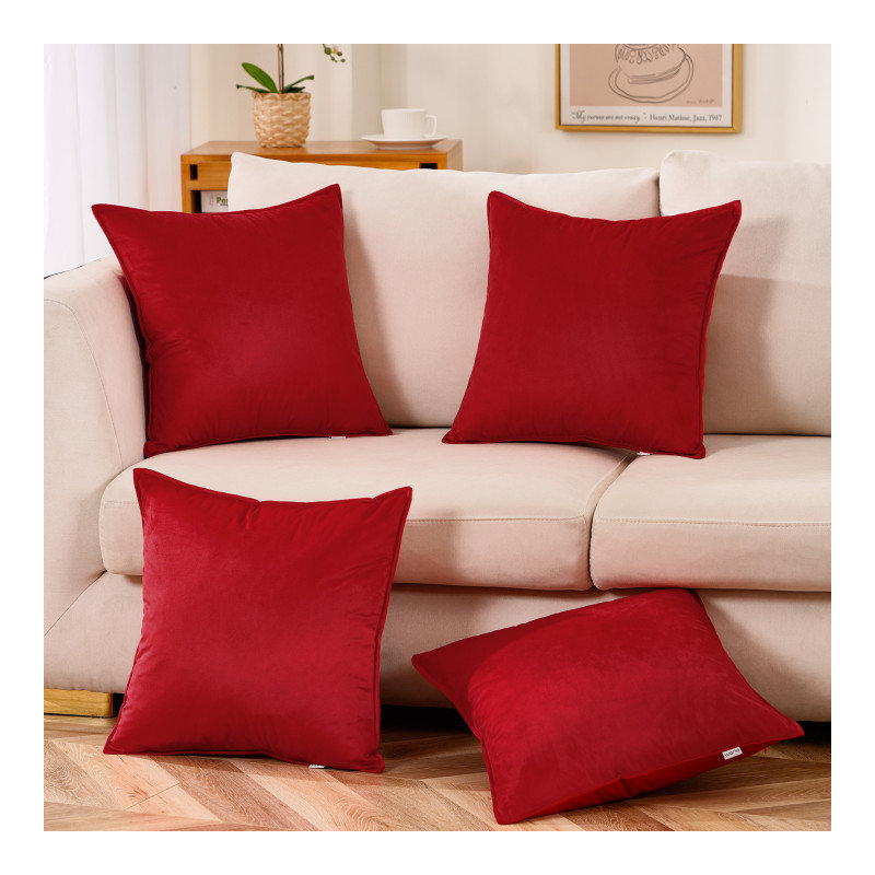 Set Of 4 Throw Velvet Cushion Covers, 18"H x 18"W, Wine Red