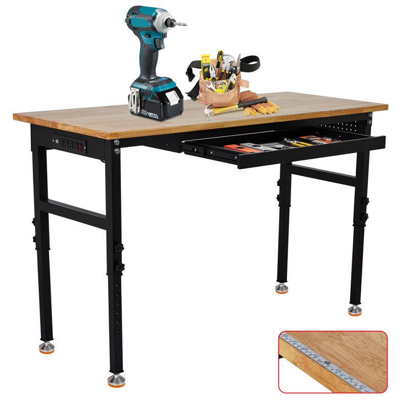 Établi réglable robuste de 60 po avec prise de courant - capacité de 2 200 lb, 8 niveaux de hauteur, plateau en bois d'hévéa, structure en acier, panneau perforé, tiroir, échelle, roues et crochets - pour garage, atelier, bureau