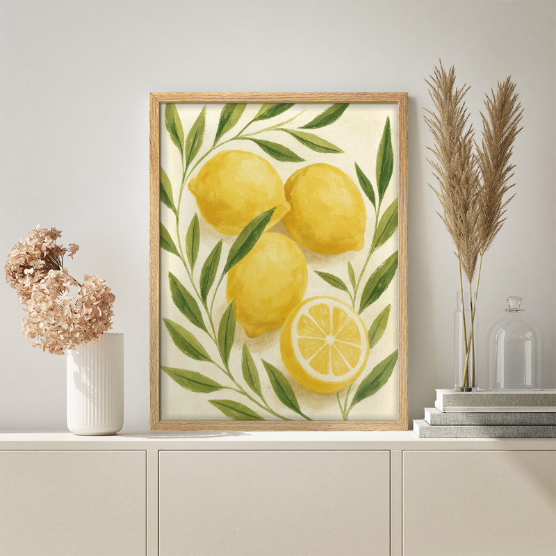 Art mural encadré botanique citron - impression d'agrumes jaunes frais pour la cuisine ou la salle à manger, Naturel
