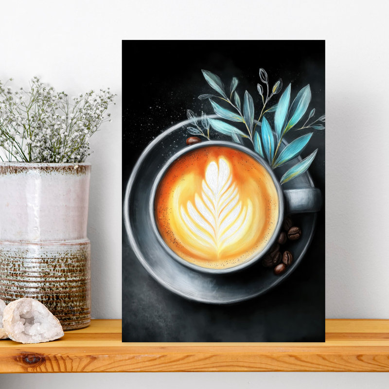 «Latte Art» et feuilles bleues abstraites, plante contemporaine, art mural, H 18 po x l 12 po