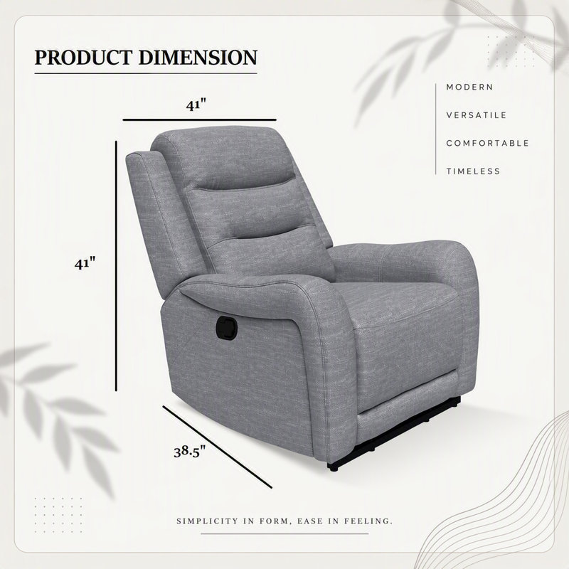 Fauteuil inclinable manuel en mousse haute densité avec accoudoirs à volutes modernes, finition gris transitionnel pour le confort du salon
