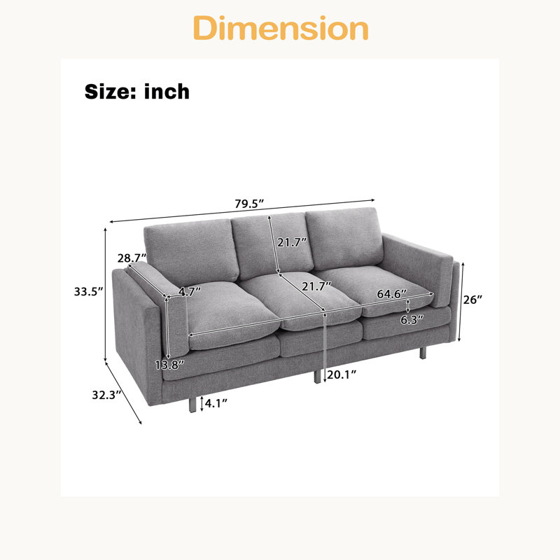 Canapé 3 places 79,5 po Modern, Gris clair