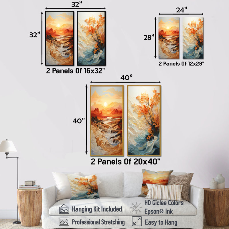 «Orange Bold Waterfall Sunrise I», ensemble de 2 reproductions d'art abstrait, Toile tendue, H 28 po x l 25 po