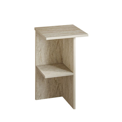 Modern Nightstand, Travertine Color, 35 x 60 x 35 cm, 100% Melamine Coated Particle Board, Thickness: 0 cm, Marble Design, For Bedroom Storage Conte