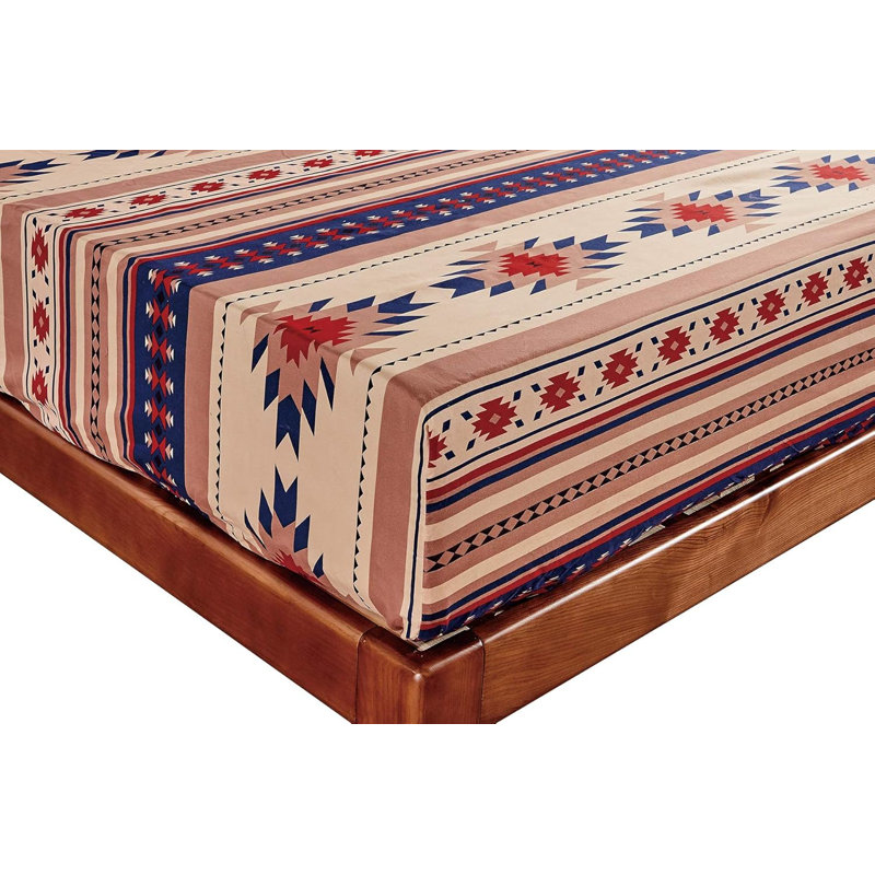 Microfiber Multicolor Southwestern Tribal Aztec Sheet Set, Queen Sheet Set with 2 Pillowcases, Coffee/Red/Navy