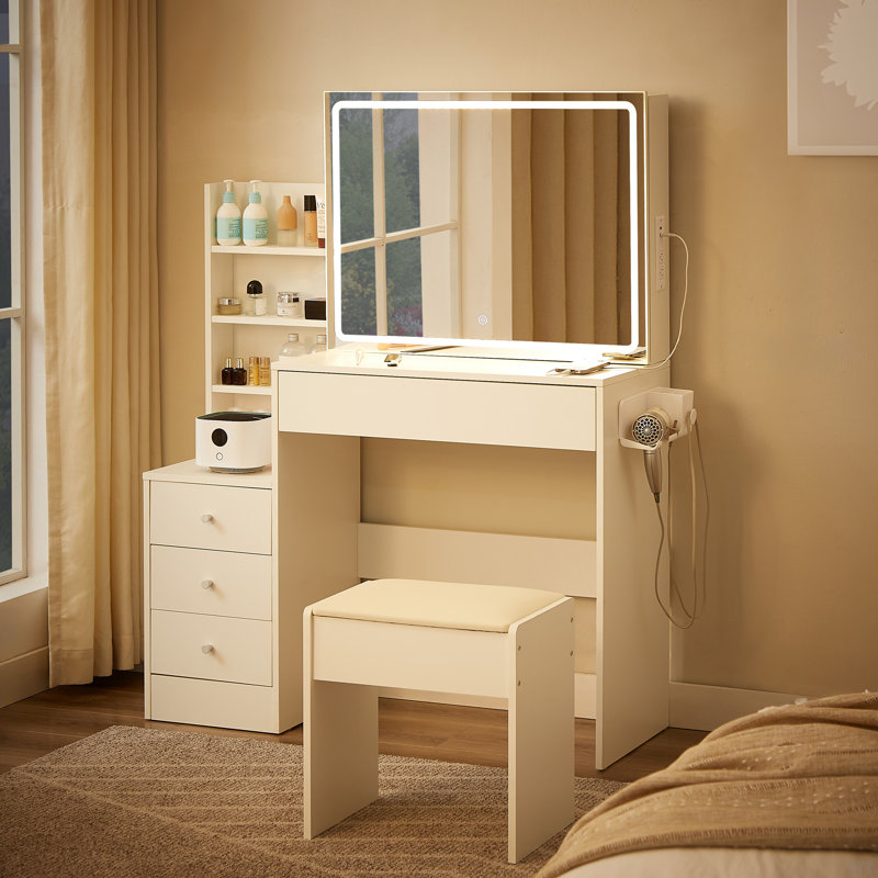 Table de coiffeuse avec miroir éclairé à DEL avec prise de courant et étagère pour sèche-cheveux, avec 4 tiroirs et tabouret rembourré, luminosité réglable en 3 modes d'éclairage, table de rangement, l 43,3 po x l 15,7 po x H 55,4 po