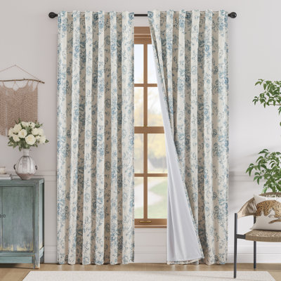 Linen Blackout Peony Flower Printed Rod Pocket Curtain Pair