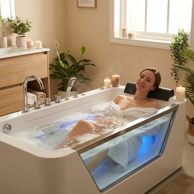 67" Rectangular Whirlpool Jetted Bathtub White Acrylic Hydro Massage Spa Tub with Tempered Glass Window and Waterfall Spout